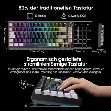 KOORUI Механічна ігрова клавіатура QWERTZ з RGB-підсвічуванням (104/82 клавіші) для Windows/MacOS/Linux