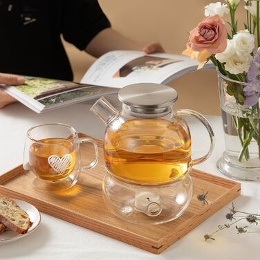 Скляна чайник CnGlass з ситечком, стійкий до плити, 900мл, з нержавіючою кришкою