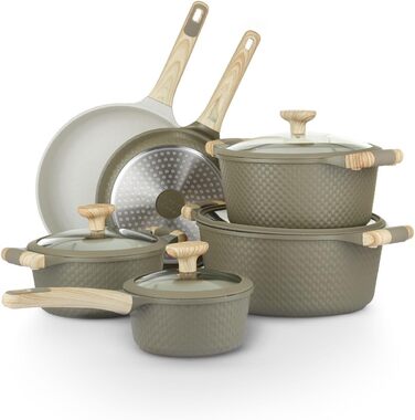 Набір посуду KASANOVA Bambù з антипригарним покриттям, 10 предметів, індукція, скляні кришки (Зелений та Кремовий)