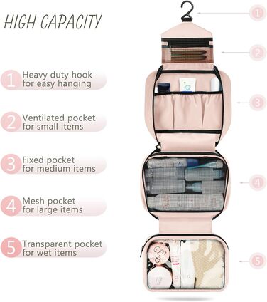 Сумка для косметики Maliton з підвішуванням, водонепроникна | Велика дорожня сумка для подорожей, ділових поїздок, спорту, плавання | Косметичка для жінок та чоловіків з 4 відділеннями, складна та компактна (Рожева)