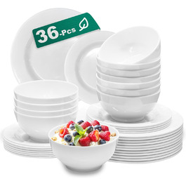 Набір посуду 12 шт. – 36 предметів, міцний, легкий, з мисками для каші 26 oz, десертними та обідніми тарілками 10,5 дюймів, придатний для миття в посудомийній машині, багаторазовий, подарунок для дому, для щоденного використання, посуд білий