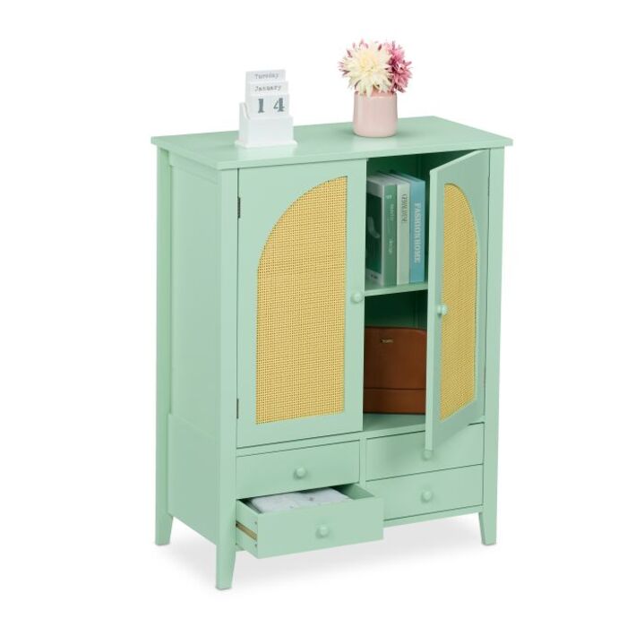 Relaxdays Sideboard with Rattan Look Turquoise