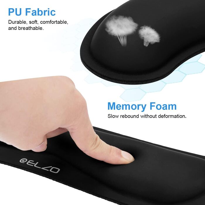 Підставка для зап'ястя ELZO для клавіатури з Memory Foam, ергономічна, для ПК, ноутбука (Чорний, PU)