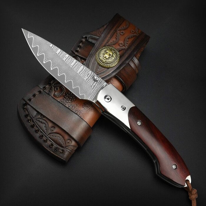 Складаний дамаський ніж NedFoss SWORDFISH 7 см, 67 шарів VG10, дерев'яна ручка, чохол і кліпса, мисливський ніж для колекції та подарунку