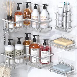 Органайзер для душу YASONIC (5 шт.), самоклеючий, нержавіюча сталь, полиці для ванної кімнати з мильничкою та 4 гачками, велика місткість, сріблястого кольору