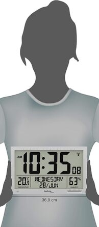Technoline WS 8013 - digital, modern designer XL radio wall clock, slim frame, temperature display, JUMBO LCD display, 37 cm x 27 cm, silver