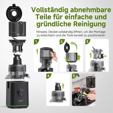 Шнекова соковижималка AMZCHEF 600W з широким завантажувальним отвором 155 мм, матово-чорна