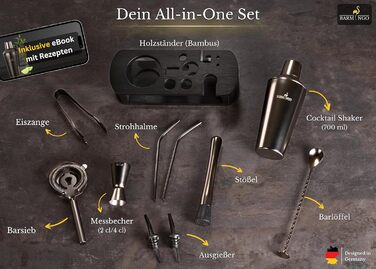 BARMINGO Stainless Steel Cocktail Set - 11 Piece Bar Set with Shaker, Stand & Accessories | Cocktail Shaker Set | Bartender Set | Cocktail Mixing Set | Bar Set | Gift Set | Black Metallic Black