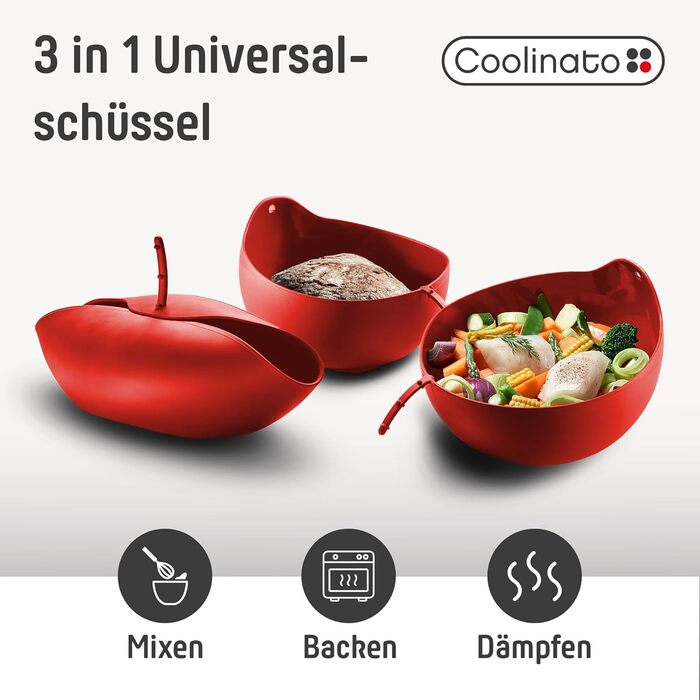 Coolinato – 3-in-1 Universal Bowl Silicone Mold 24 cm – Dough Bowl, Proofing Basket, and Bread Baking Mold all in one - BPA-Free & Oven-Safe up to 230°C – Platinum Silicone - Ideal for Mixing & Baking Bread - Red