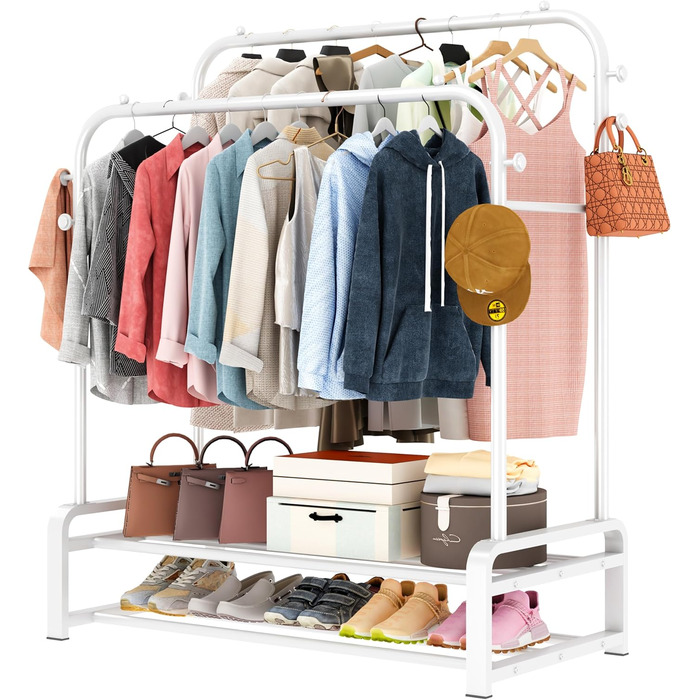 Freestanding clothes rack with double rod design, clothes hangers, 8 hooks, and 2 shoe shelves - Multifunctional wardrobe stand in white for the bedroom