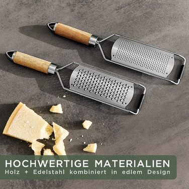 WALDWERK Cheese Grater (2-Piece Set) - Parmesan Grater with Design Wooden Handle - Stainless Steel Zester Grater with Etched Blades - Grater also Suitable as Nutmeg Grater, Lemon Grater, Ginger Grater