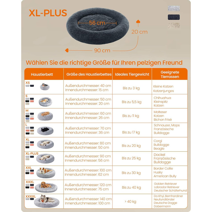 Кругле ліжко для собак та котів Feandrea з м'яким плюшем, діаметр 60 см, колір Ombré-Grey, знімний наповнювач, 90x90x20 см, темно-сірий