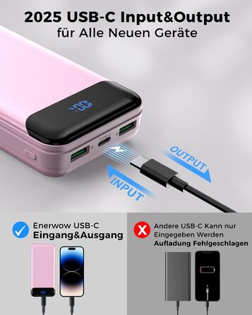 Enerwow Power Bank 27000mAh: Швидка зарядка 30W PD, Digital Display, USB-C, Рожевий | Powerbank для iPhone 15/14/13/12 Pro Max та інші пристрої
