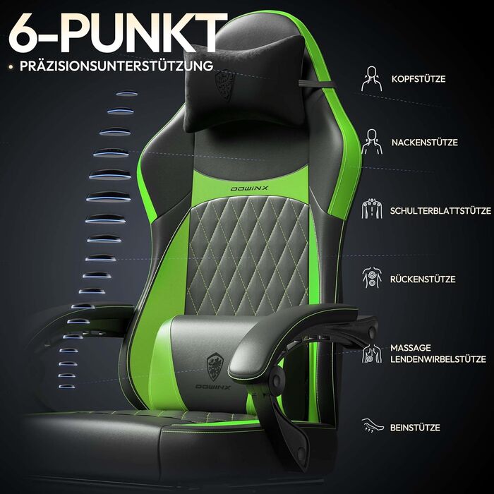 Ігровий крісло Dowinx Racing з підтримкою попереку, ергономічний геймерський крісло з PU шкіри, 150 кг (Зелений)