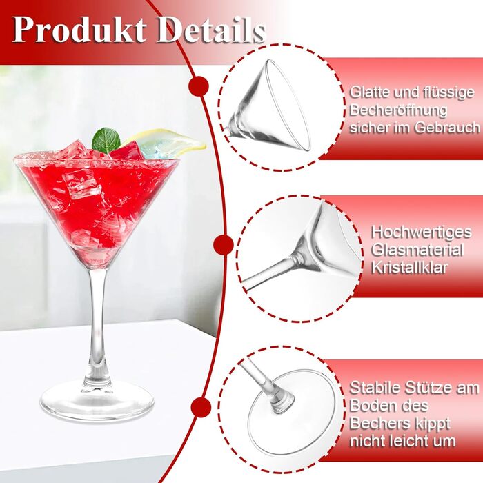 Набір з 6 келихів для мартини, 190 мл, з кришталевого скла без свинцю, класичної V-форми, для Еспресо Мартіні, Манхеттен та аперитиву, придатні для миття в посудомийній машині