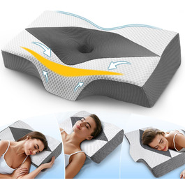 Подушка для шиї та плечей Hydomi з піною з пам'яті, ортопедична подушка для сну, регульована ергономічна подушка для сну на боці, спині та животі - порожниста конструкція, сірий та білий колір
