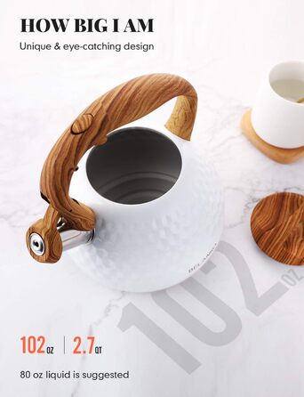 Чайник BELANKO Teekessel 2.7л з нержавіючої сталі з дерев'яною ручкою, гучний свисток, для плити, індукції, діамантовим дизайном, чорний (глянцевий білий)