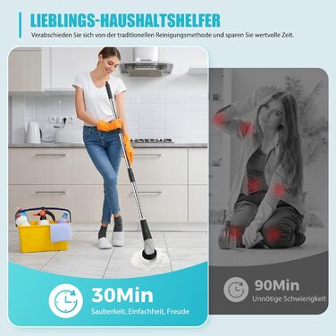 Електрична щітка для прибирання YKYI, Spin Scrubber з 8 насадок, водонепроникна IPX7, для ванної, підлоги, кухні, білий (сірий)