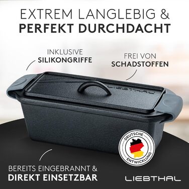 LIEBTHAL Loaf Pan with Lid - Precision-Fitting Non-Stick Silicone Insert - Pre-Seasoned Cast Iron Pot 3.5 L - Casserole Dish for Baking, Roasting, and Braising