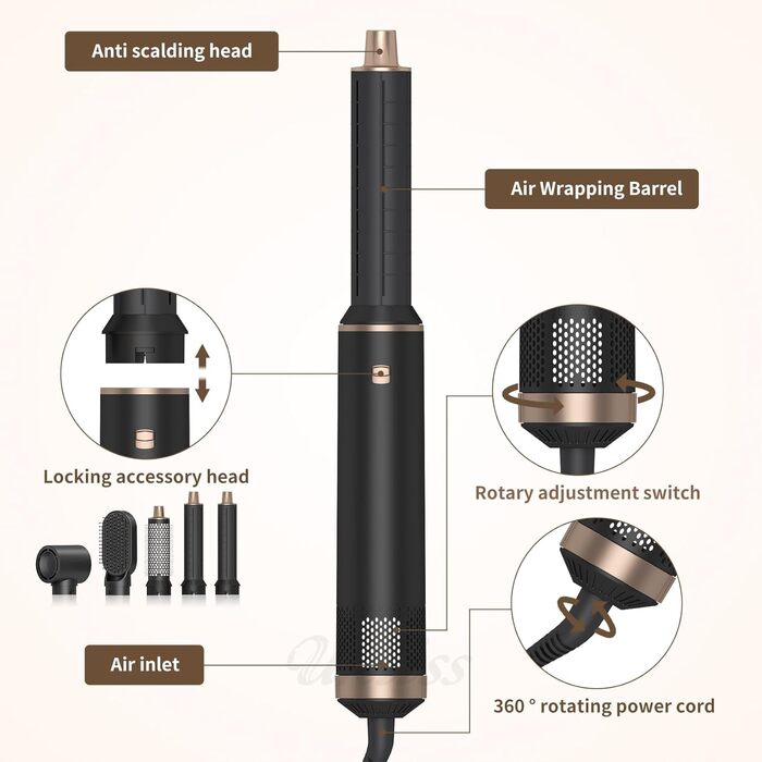 Airstyler 5 в 1: Фен-щітка, плойка, фен для волосся, чорний (1000W)