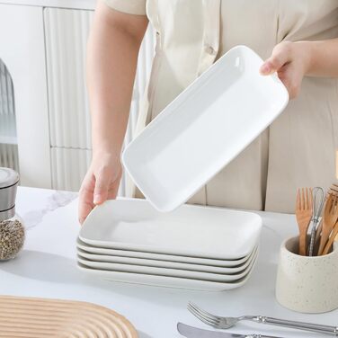 Сервірна таця MALACASA з порцеляни, 6-ти частинний набір, прямокутна, 25 x 14 см, біла. Ідеально для буфетів, суші, тортів та закусок вдома та в ресторані.