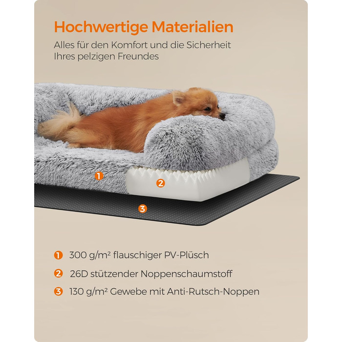 Feandrea FluffyHug лежанка для собак, розмір M, м'яка подушка для собак, килимок для мініатюрних та маленьких собак, лежанка-софа з ноппенового пінополіуретану, знімний та пральний чохол, 76 x 58 x 19 см, Ombré-Grey PGW231G01V1 M