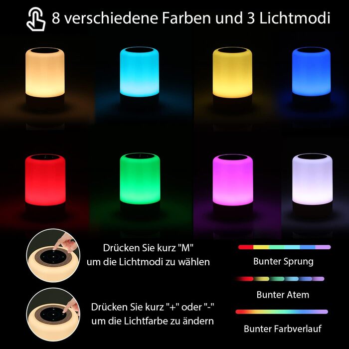 LED-лампа на тумбочку з сенсорним керуванням, диммуванням, живленням від акумулятора, 8 кольорів та 3 режими, з таймером для спальні/вітальні, колір: світло-коричневий