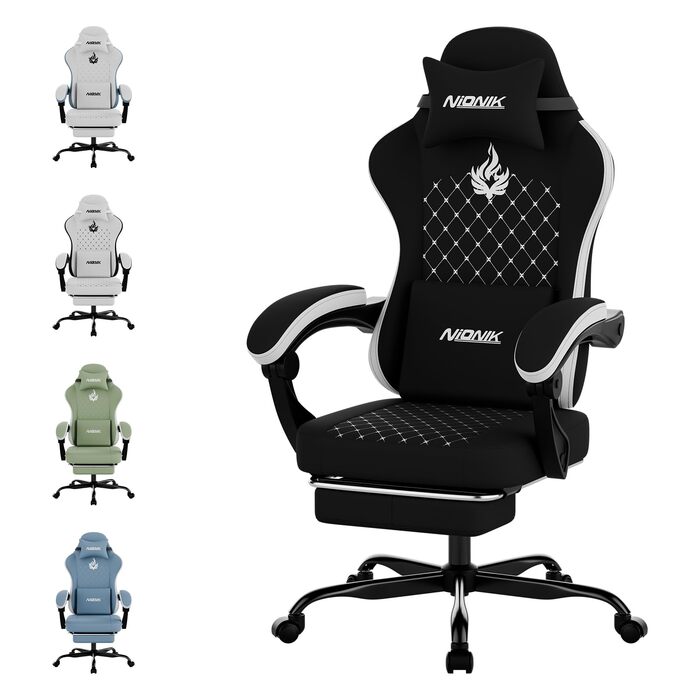 Геймерське крісло Ergonomic з підставкою для ніг та підтримкою спини, регульоване, для дому, офісу, кіберспорту (чорно-біле)