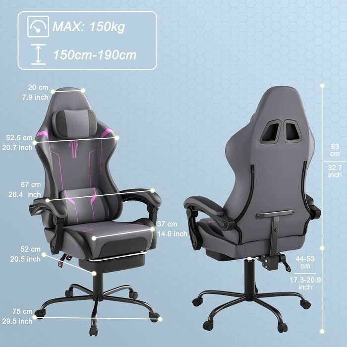 Ігрове крісло FIVMEN Ergonomic Gaming Chair з масажним подушкою, підніжкою та підголівником, ергономічний офісний стілець для геймерів (Сірий/Фіолетовий)