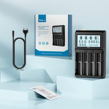 Зарядний пристрій POWXS для акумуляторів 18650 з тестуванням, LCD-дисплеєм, 4 слоти, Li-Ion, IMR, NI-MH, NI-Cd, AA, AAA, C, 26650, 21700, 16340, 14500, 10440, RCR123