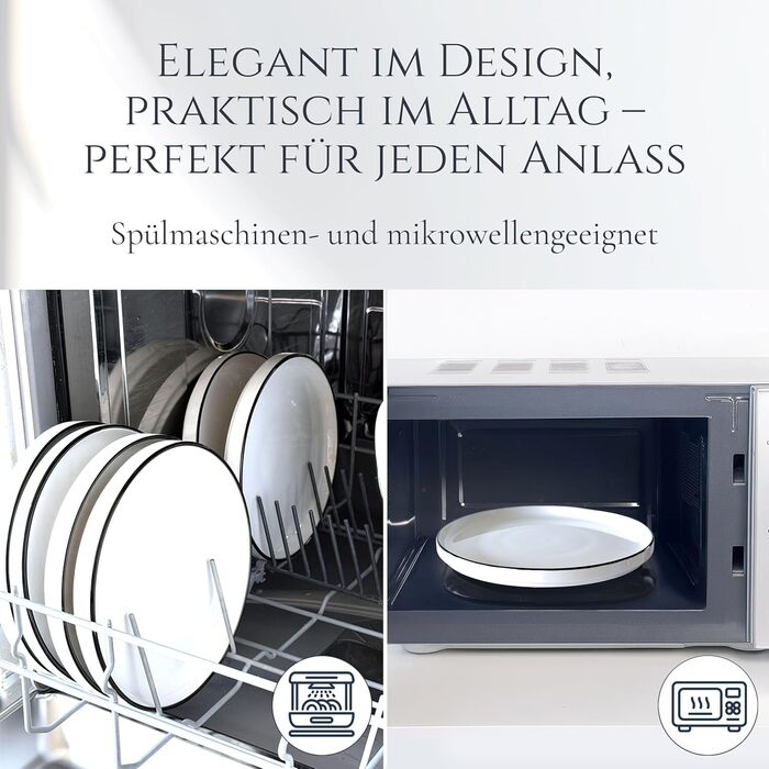Набір посуду з порцеляни на 6 осіб Crystal 24 шт. – Набір тарілок та супниць з чорним обідком, білий посуд Pure Living