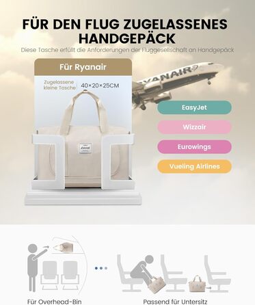 LOVEVOOK Сумка ручної поклажі Ryanair 40x30x20, розширювана, для авіаперельотів, зелена (бежева), жіноча/чоловіча