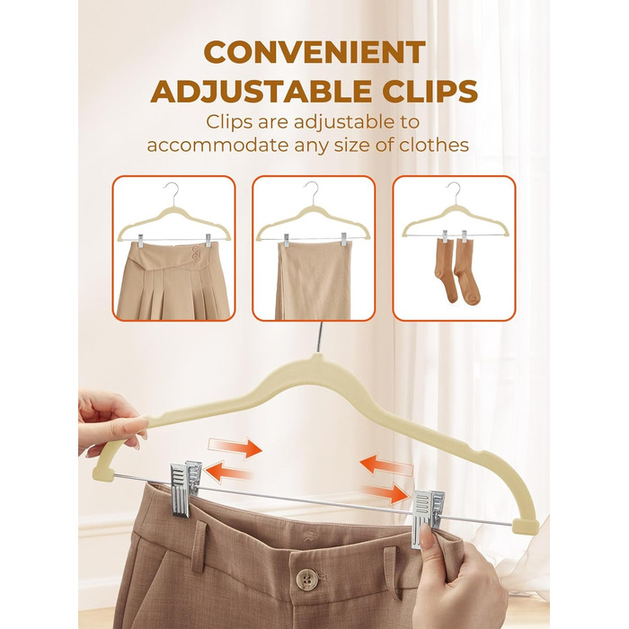 Бархатні вішалки для спідниць HOUSE DAY, 24 шт., з кліпсами, ультратонкі, неслизькі, економія місця, бежевий колір