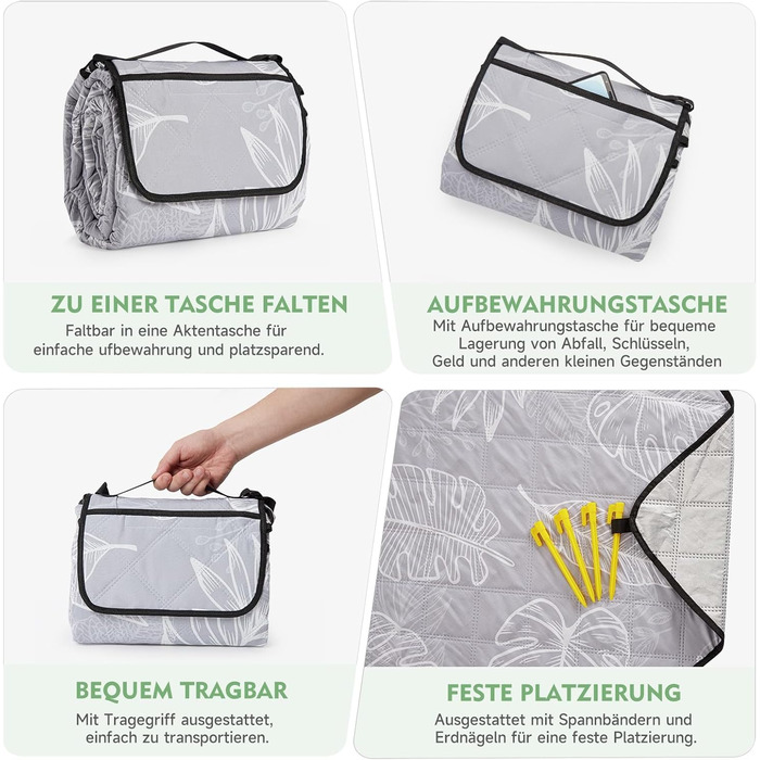 Плед для пікніка HAUSPROFI 200x300 см, водонепроникний, ізольований, XXL. Для пікніка, пляжу, кемпінгу. З бавовняним наповнювачем, ручкою для перенесення та кілочками. Змивний, зберігає форму (листя, 200x300 см)