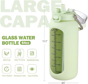 BLUEGO 2000ml Glass Water Bottle with Stainless Steel Handle and Time Marker 2L Motivation Glass Dryer with Silicone Case and Straw for Gym, Office, Outdoors, Sports Water Bottles BPA-free, (Light Green)