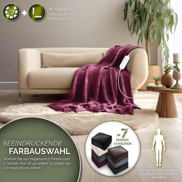 Електрична гріюча ковдра Sinnlein® з плюшу 200x180 см | 9 температурних режимів, таймер, автовимкнення | Зручна ковдра, прання до 40°C, цифровий дисплей, бордовий колір