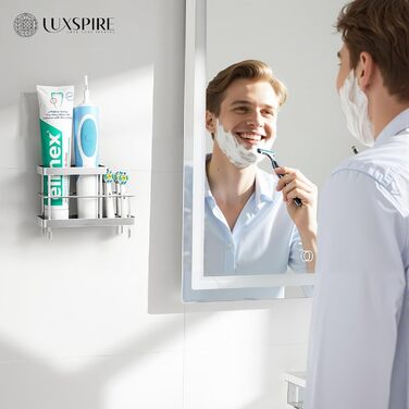 Тримач для зубних щіток Luxspire, нержавіюча сталь, електричний, настінний без свердління, з дренажними отворами для органайзера пасти, 6 відділень (матова срібляста)