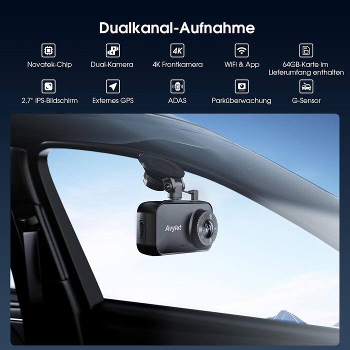Автомобільний відеореєстратор Avylet 4K/2.5K+1080P з передньою та задньою камерами, 64GB SD карта, 5GHz WiFi, ADAS, 2.7