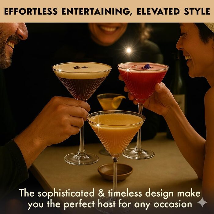 Набір келихів для еспресо-мартіні Vemacity Elegante (4 шт.) | Келихи для коктейлів ручної роботи | Келихи для шампанського, маргарити та коктейлів | Елегантні келихи для мартіні | Ідеальний подарунок (4 класичних келихи з рифленням + золотий аксесуар)