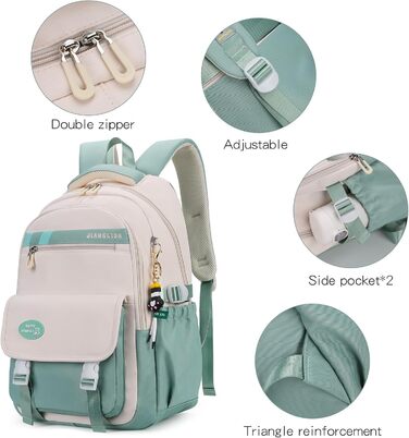 Дитячий рюкзак для школи: водонепроникний, нейлон, кілька відділень, легкий, для дівчаток та хлопчиків, для подорожей та спорту (зелений)