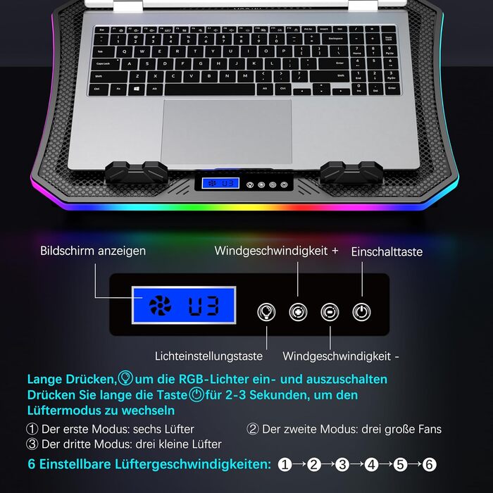 Ігровий охолоджувач для ноутбука MOOJAY RGB, підставка з 8 тихими вентиляторами, регулювання висоти, тримач для смартфона, для ноутбуків 15.6-17.3 дюймів, синя LED-підсвітка