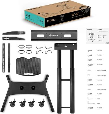 ONKRON Mobile TV Stand with Wheels - Adjustable Height & Tilt for 32-70 inch TVs up to 45kg, VESA 600x400 - Black TS1350-B