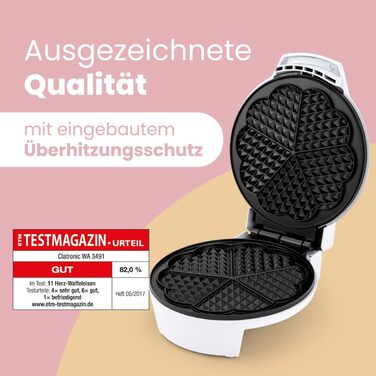Вафельниця Clatronic® у формі серця | Антипригарне покриття | великі поверхні для випікання | ⌀ 18 см | регульований ступінь прожарювання | WA 3491 (Білий)