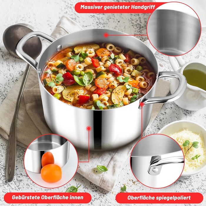 Каструля Herogo з нержавіючої сталі, 24 см, 5.6 л з кришкою з скла, для супу, м'яса, пасти, спагеті, здорове приготування, без покриття, придатна для духовки