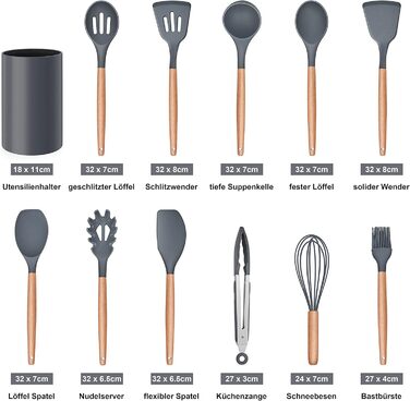 Набір кухонного приладдя Herogo, 12 шт. Силіконові кухонні помічники, кухонне кухонне приладдя з тримачем, стійке до високих температур, з дерев'яною ручкою, антипригарний лопатка – сірий