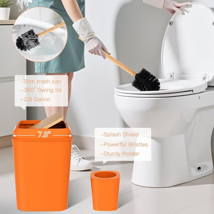 Набір аксесуарів для ванної кімнати, 9 предметів: сміттєвий бак, тримач для зубних щіток, стакан для зубних щіток, диспенсер для мила/лосьйону, тумбочка для раковини, мильниця, щітка для унітазу, контейнер для ватних паличок, Оранжевий набір для ванної кі