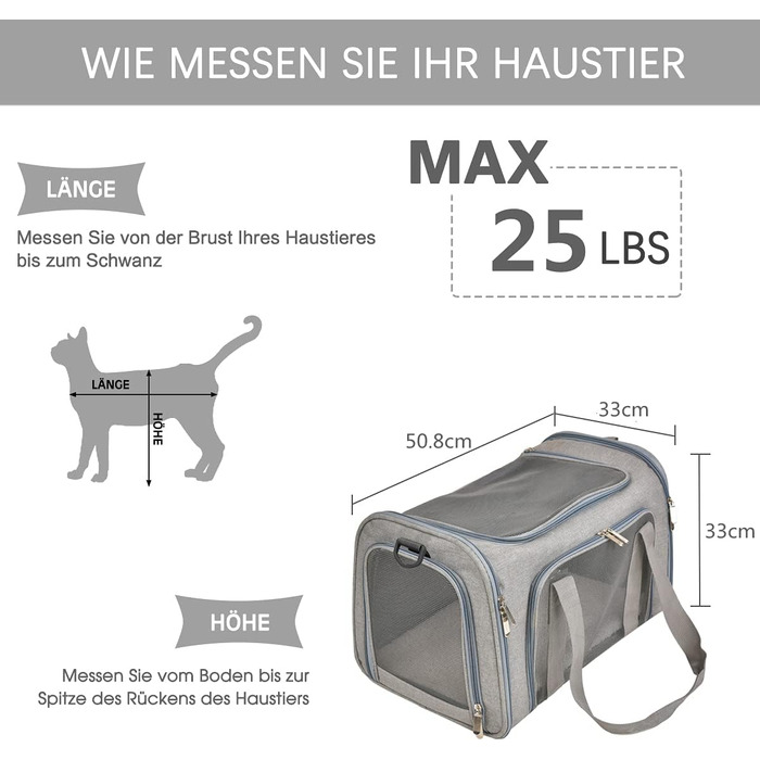 Транспортна сумка для кота та собаки, складана переноска для домашніх тварин середнього розміру (51 x 33 x 33 см, сіра)