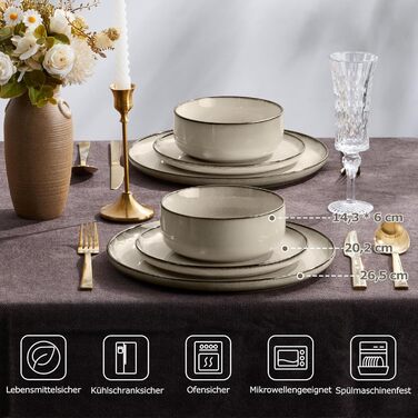 Набір посуду Onader для 6 осіб (18 предметів), керамічний сервіз, 6 тарілок для їжі, десертних тарілок, мисок для каші, стійкий до миття в посудомийній машині та подряпин (Karst Khaki)