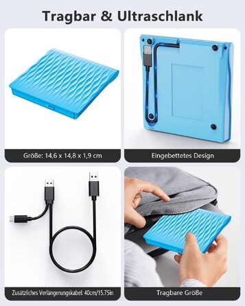 Зовнішній DVD CD привід DANGZW USB 3.0 Type-C, портативний DVD-брунер та плеєр для ноутбука та ПК (Windows, MacOS, Linux), синій