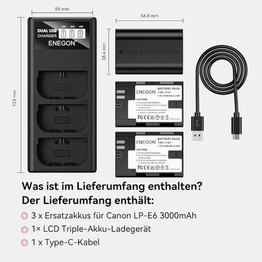 Акумулятор ENEGON LP-E6 (3x3000mAh) з зарядним пристроєм на 3 слоти LCD, сумісний з Canon EOS 5D, 5D Mark II, 6D, 7D, 60D, 70D, 80D, 90D, XC10, XC15